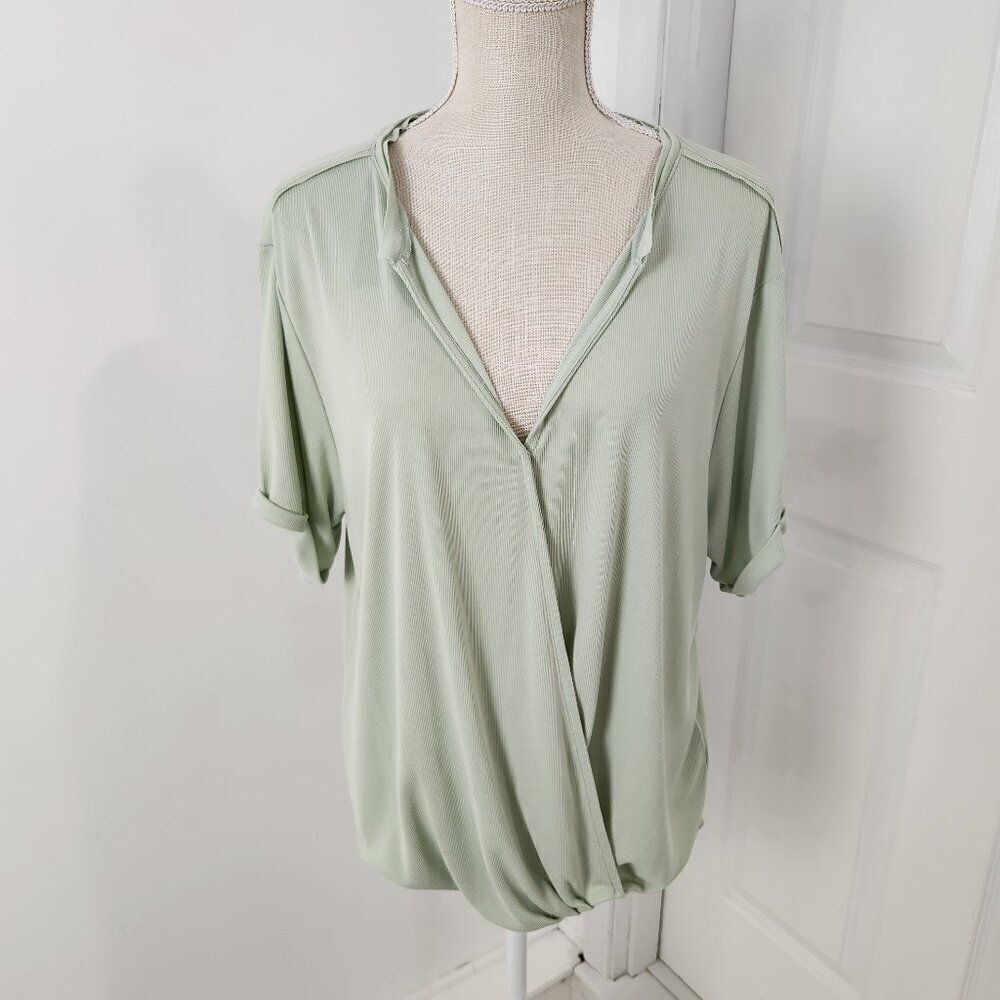 Anthropologie Saturday Sunday Top Womens M Green Ribbed Amy Surplice Faux Wrap